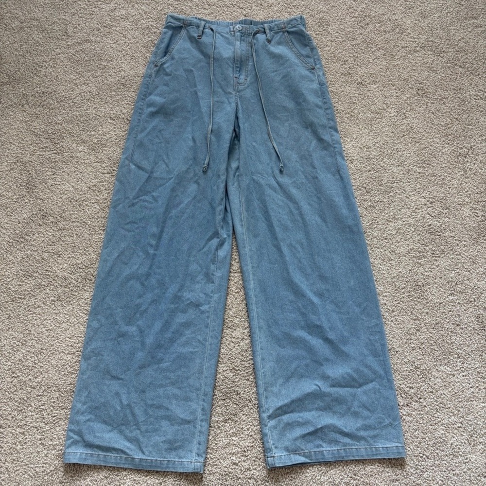 LNA Gia Tie Waist Pants Womens XS Blue Wide Leg Flowy Chambray Relaxed Beach